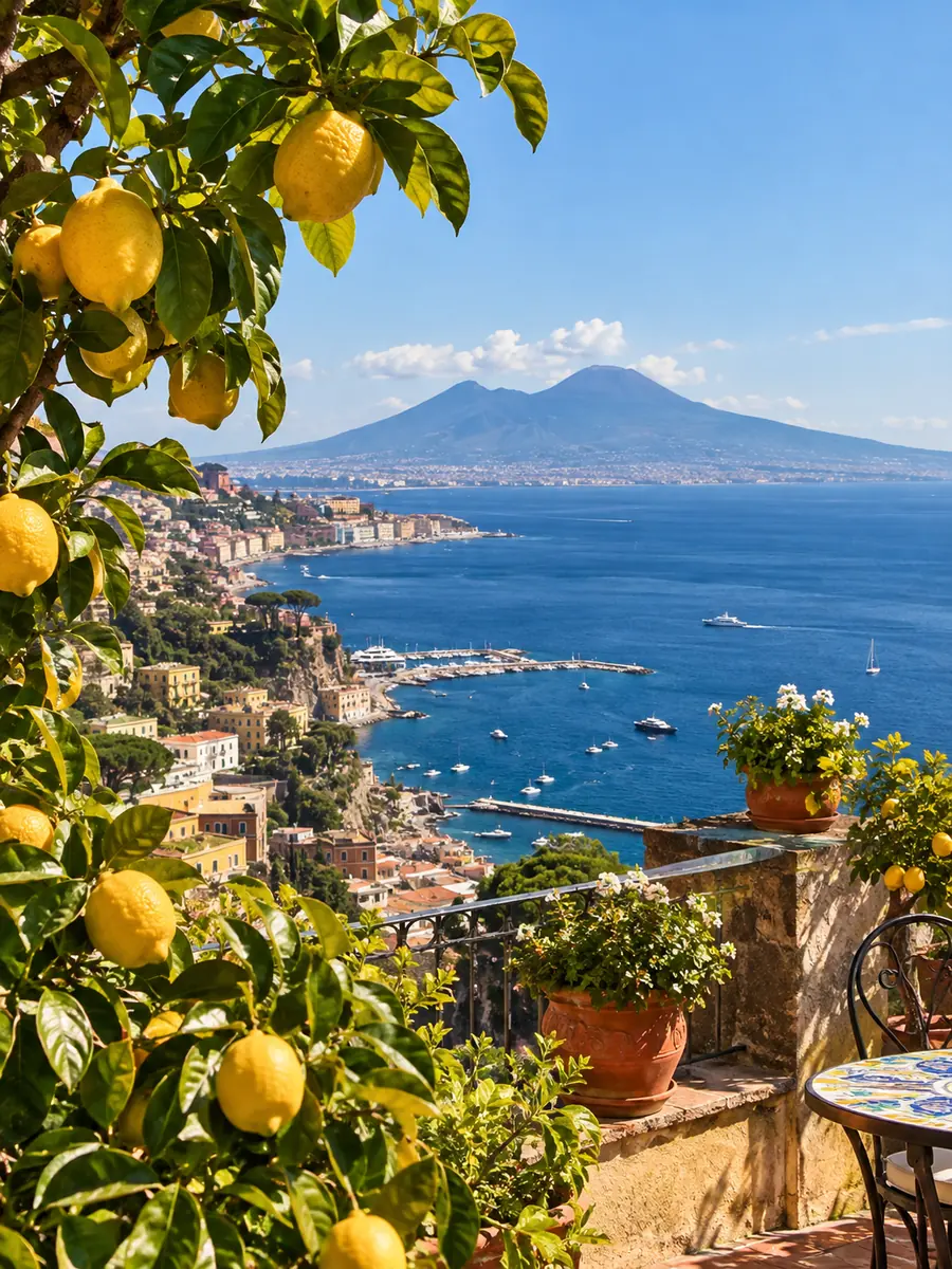 Zitronenbäume auf einer Terrasse in Sorrento mit Blick über den Golf von Neapel zum Vesuv
