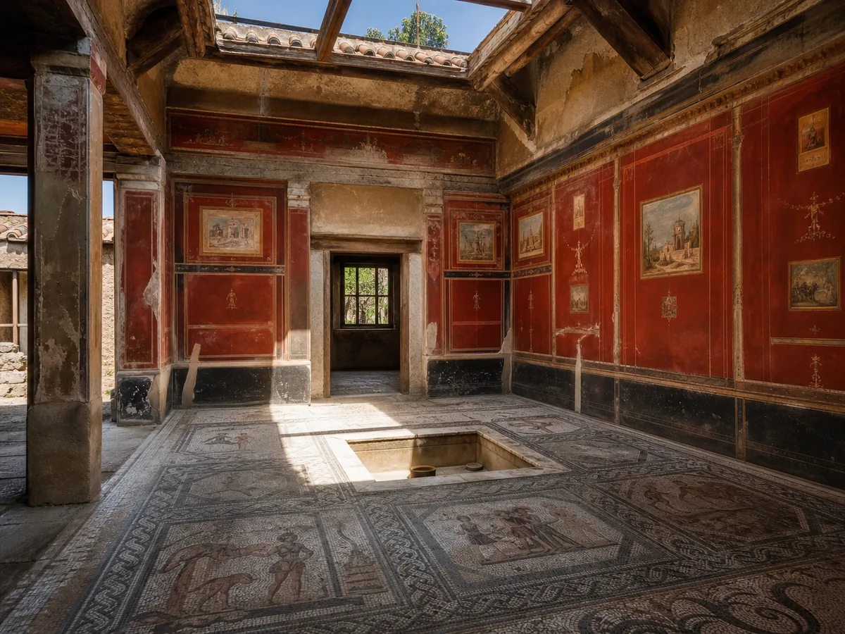Ein Raum in einem römischen Haus in Pompeji mit rot bemalten Wänden und einem Mosaikboden