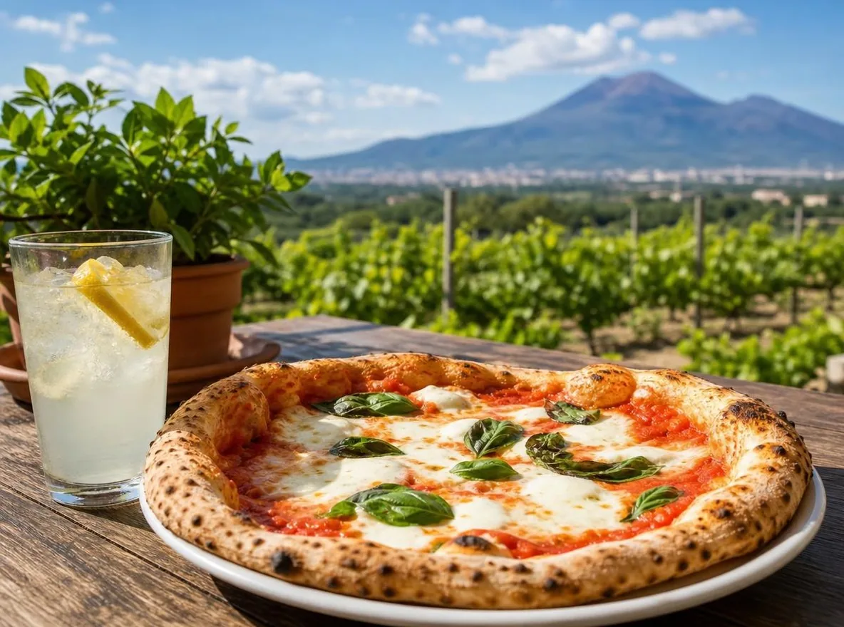 Eine neapolitanische Pizza Margherita auf einem Tisch im Freien, dahinter Weinberge und der Vesuv